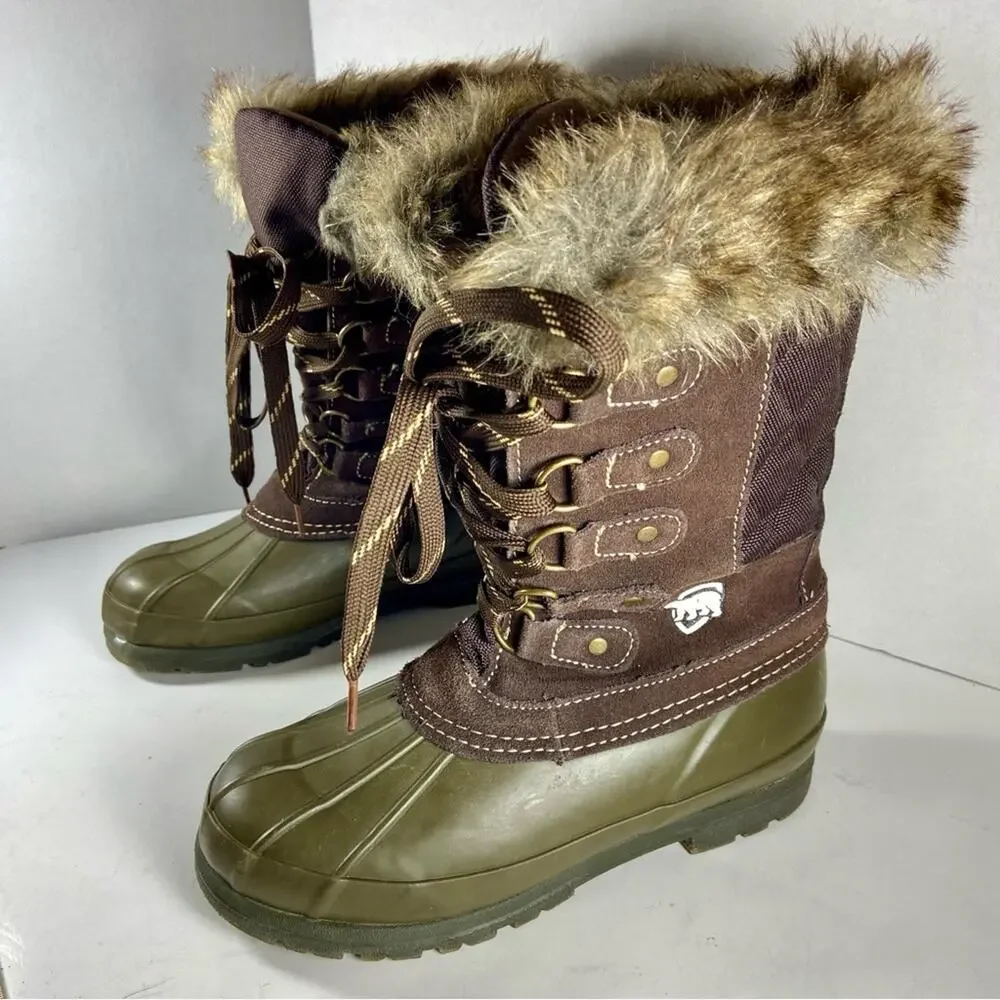 Bearpaw women Snow Boots‎ 6 Faux Fur Trim Duck Boots Lace Up Brown Olive 6M